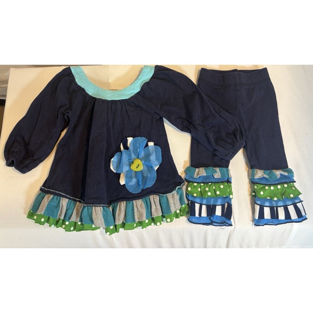🔥SALE🔥 Twirls & Twigs Navy Blue Green Set Floral Ruffles 18 Mo